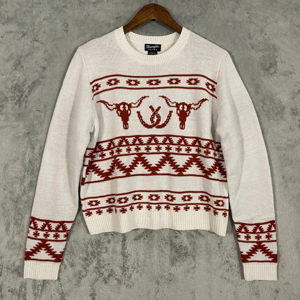 Wrangler Sweater XL White Red Retro Steer Skull Rustic Southwestern Cowgirl Boho